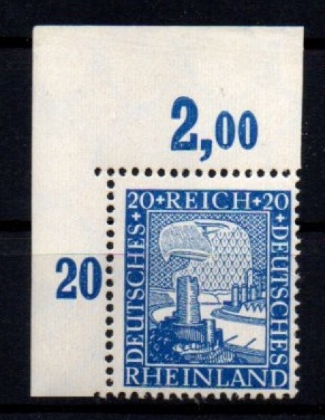 Michel Nr. 374 P OR, Rheinland, Eckrandstück postfrisch geprüft BPP.