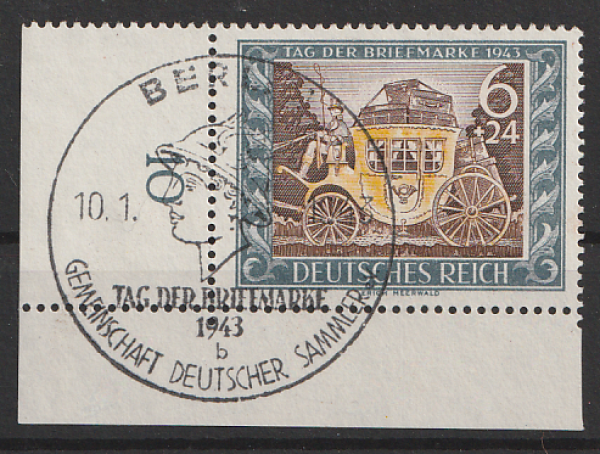 Michel Nr. 828, Tag der Briefmarke Eckrand unten links mit Ersttagsstempel.