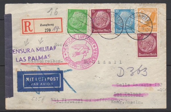 Brief (retour Brief), Beförderung durch Deutsche Luftpost, Europa-Südamerika Linie.